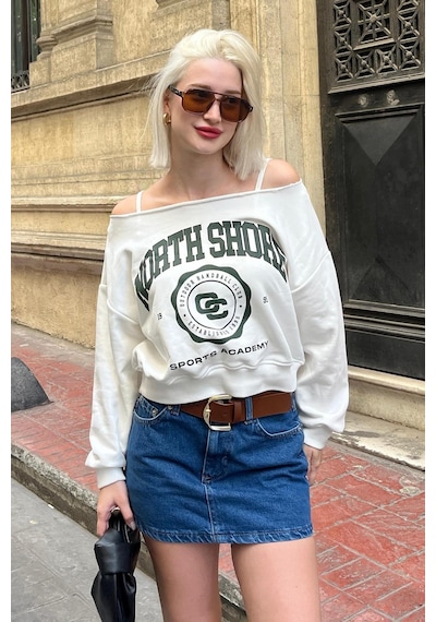 Beyaz Kayık Yaka Baskılı Kadın Sweatshirt Mg2205
