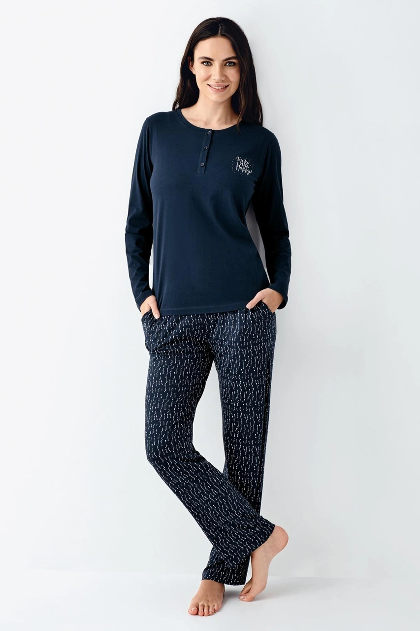 Arnetta Make Me Happy Kadın Modal Pamuklu Rahat Uzun Kollu Pijama Takım lacivert