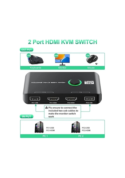 4k Hdmi Kvm Switch 2 Port Usb 2 Pc Tek Kasa Klavye Mouse Kontrol Çoklayıcı