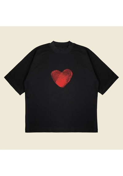Startmore Heartprint Baskılı Oversize Unisex Pamuklu Nefes Alan Kalın Kumaşlı Siyah