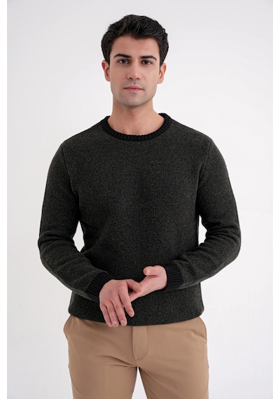 Slim Fit Renkli Ribanalı Siyah Haki Yünlü Bisiklet Yaka Triko Kazak Tr 890 Siyah-haki