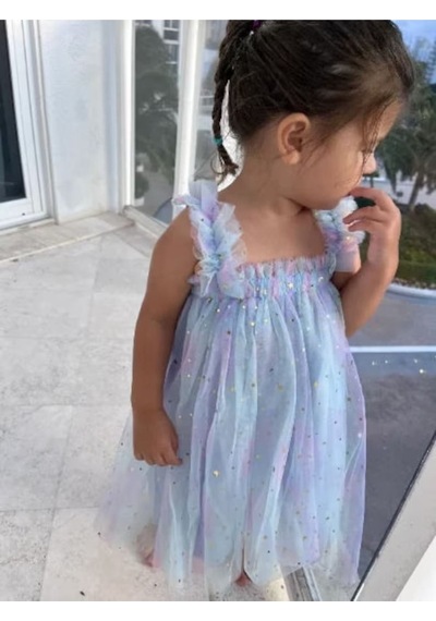Askılı Elsa Lilamsı Mavi Koton Astarlı Tutu Yıldızlı Doğumgünü Elbisesi Mavi