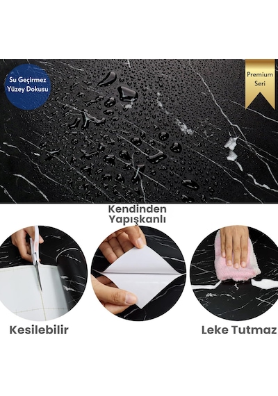 Technosmart 60x300cm Mat Mermer Desenli Kendinden Yapışkanlı Duvar Kağıdı Kaplama Mutfak Masa Folyo Siyah