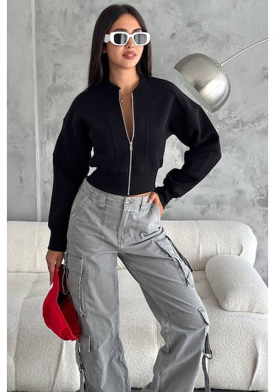 Noa & Noa Kadın Fermuarlı Fit Cropped Sweatshirt Sportif & Şehirli Stil Siyah