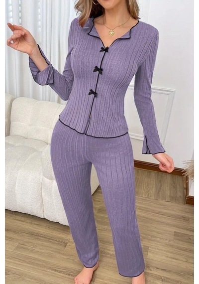 Bella Notte Pamuklu Mor Fiyonk Detaylı Mevsimlik Pijama Takımı