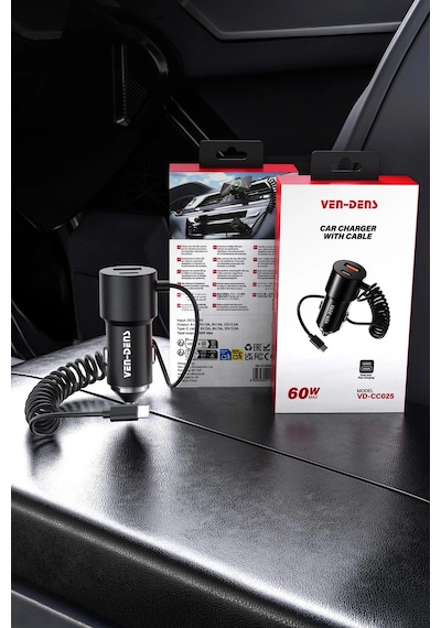Ven-dens Vd-cc025 60 W Hızlı Araç Şarj Cihazı, Type-c Ve Usb Çift Port, Dahili Kablolu, Siyah
