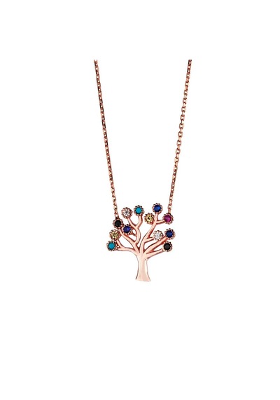 Afrodit Silver Roze Rengi Mix Taşlı Hayat Ağacı Kadın Gümüş Kolye Gold - Rose Gold - Gümüş