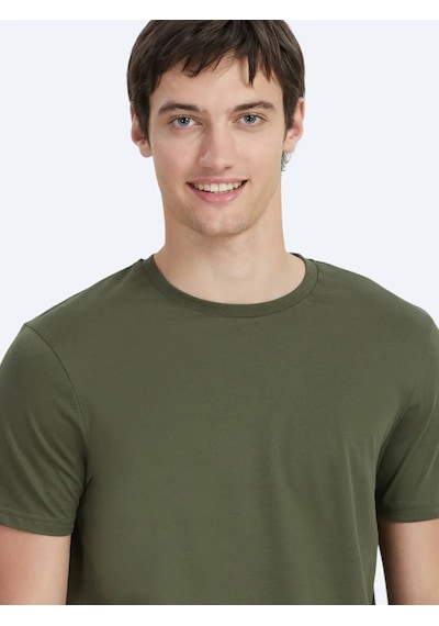 Kip Haki Düz Bisiklet Yaka %100 Pamuk T-shirt Haki