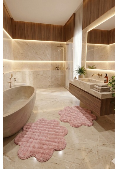 Bubble Papatya Banyo Paspası 2'li Set Pofuduk Yumuşak Peluş Kaymaz Taban Dekoratif Banyo Halısı Pembe
