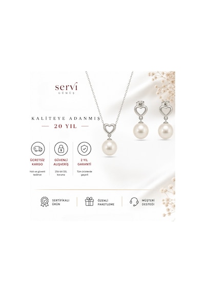 Servi 925 Ayar Gümüş Amore İnci Kalp Kolye Ve Küpe Seti-321