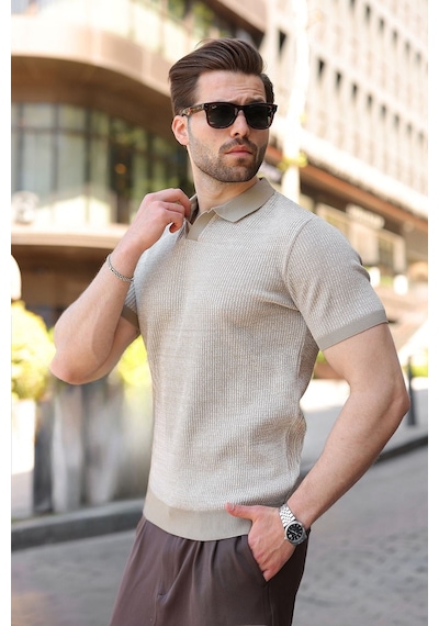 Madmext Kum Rengi Polo Yaka Regular Fit Erkek Triko Tişört E7496