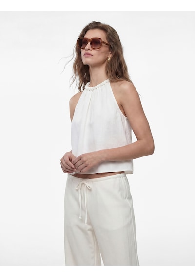 Koton Viskon Rayon Kumaş Kolsuz Büzgülü Halter Yaka Bluz Kırık Beyaz 6sak60292pw Ekru