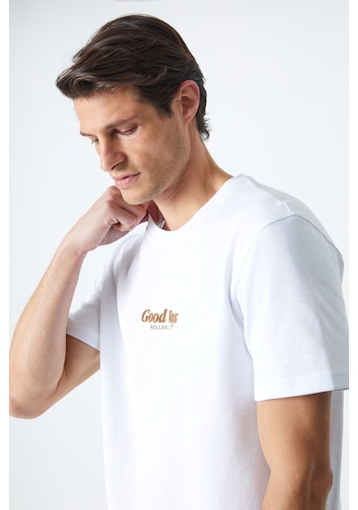 Grimelange Roll Erkek Baskı Detaylı %100 Organik Pamuklu Comfort Fit Beyaz T-shirt Beyaz