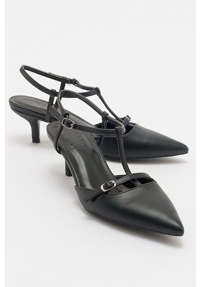 Luvishoes Frans Siyah Cilt Kadın Sivri Burun Arkası Açık Kısa Topuklu Ayakkabı Sıyah Cılt