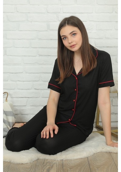 Çarşınet | Kadın Kısa Kol Önden Düğmeli Pijama Takımı Viskon Siyah