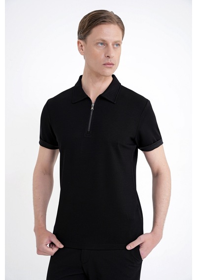 Efor Slim Fit Esnek Pamuklu Fermuarlı Siyah Polo Yaka Tişört Ts 926