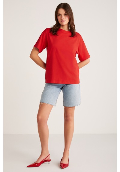 ETHIQUET AGERTHA Kadın %100 Organik Pamuklu Regular Fit Bisiklet Yaka Kısa Kollu Kırmızı T-shirt