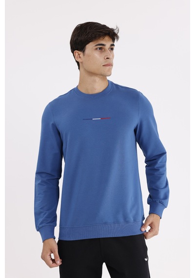 Rowinger Minimal Göğüs İşlemeli Rahat Kalıp Esnek Manşetli Mevsimlik Bisiklet Yaka Sweatshirt İndigo