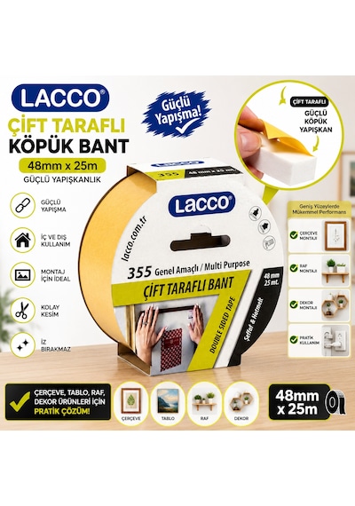 Lacco Çift Taraflı Köpük Bant 48 Mm X 25 M Güçlü Yapışkanlı Montaj Bandı Çok Amaçlı Beyaz 1 Adet