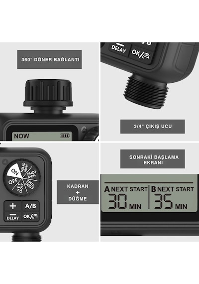 Shopytech Çift Çıkışlı Dijital Sulama Zamanlayıcı Ipx5, Lcd Ekranlı Yağmur Erteleme A/b Bağımsız Pro