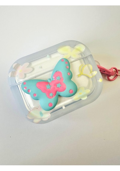 Kulaklık Kılıfı Apple AirPods Pro 1-2 Uyumlu Şeffaf - 3d Kabartmalı Butterfly Figürlü, Hologram Askı Zincirli Darbeye Dayanıklı Kılıf