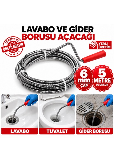5 Metre 6mm Lavabo Tuvalet Gider Boru Açıcı Klozet Alaturka Paslanmaz Çelik