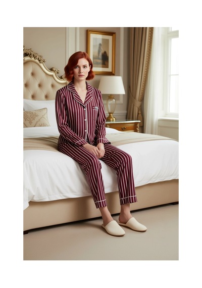 Ersefa Kadın Gömlek Yaka Çizgili Pamuklu Pijama Takımı Penguen Detaylı F Kırmızı