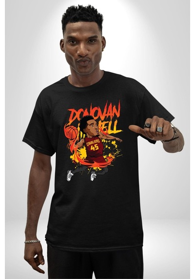 Donovan Mitchell Basketbol Karikatür Pamuklu Bisiklet Yaka Unisex Oversize Boyfriend Dijital Baskılı Siyah T-shirt Siyah