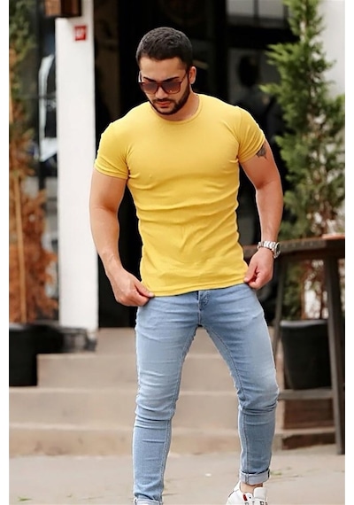 Madmext Bisiklet Yaka Sarı Basic Tişört 4077