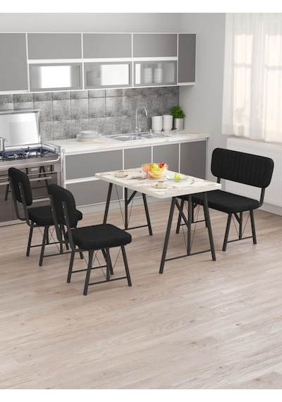 Hayat 70x110 Efes Mutfak Masası, Mutfak Masası Takımı, Yemek Masası, 2 Sandalye 1 Bench - Siyah Siyah