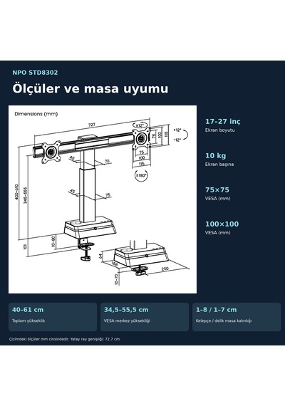 Npo Std8302 Yüz Algılayıcılı Otomatik Ayarlı 17-27" 20kg Kablosuz Şarjlı Vesa Çift Monitör Tutucu