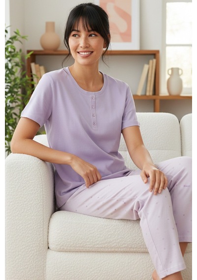Siyah İnci Lila Desenli Pamuklu Bisiklet Yaka Örme Pijama Takım 26113348