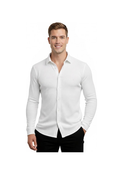 Deepsea Beyaz Slim Fit Örme Kumaş Likralı Erkek Gömlek Nefes Alan Esnek Ve Modern Tasarım 2602604 Beyaz