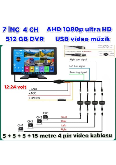7 İnç 4 Ch Ahd 1080p Ultra Hd 512 Gb Dvr-usb-bsd Monitör Seti 12 - 24 Volt