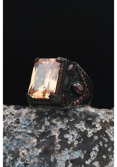 Şampanya Topaz Taşlı 925 Ayar Gümüş Erkek Yüzüğü Zirkon Taş Süslemeli 901476 Gümüş