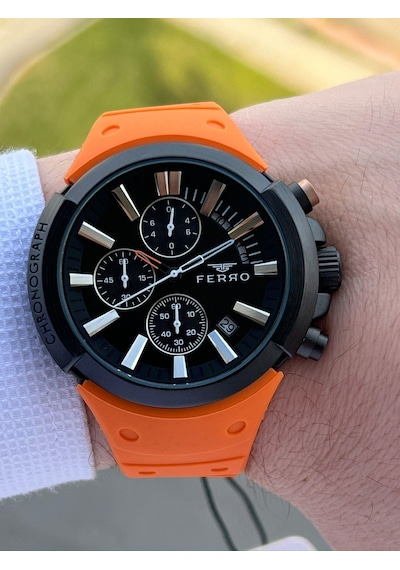 Ferro İç Fonksiyonları Aktif Turuncu Renk Slikon Kordon 30 Mt Su Geçirmez Erkek Kol Saat Ef11002-zl
