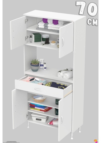 Arda 70 Cm 4 Kapaklı 7 Raflı Ve Çekmeceli Çok Amaçlı Banyo Dolabı Beyaz