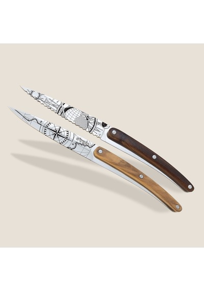 2 Deejo Paring Knives, Olive And Coral Wood / Terra Incognita And Globe Trotter Çok Renkli