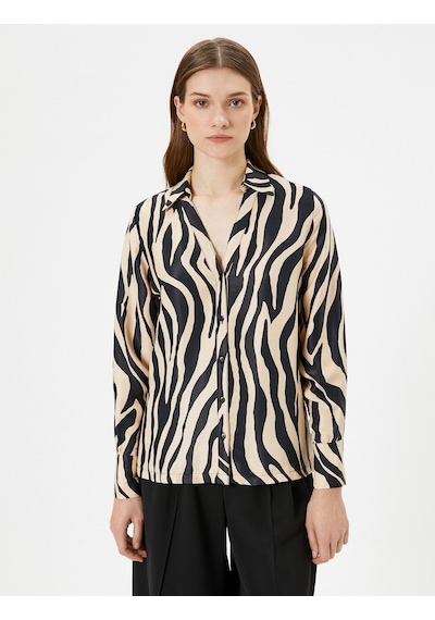 Koton Zebra Desenli Bluz Saten Düğmeli Klasik Yaka Regular Fit Bej Desenli 4sak60036uw 4SAK60036UW0D6