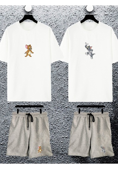 Unisex Kadın Erkek Sevimli Tom Ve Jerry Baskılı Sevgili Çift Kombini Tasarım Oversize Tshirt Ve Şort Beyaz-gri Mck2458 Beyaz-Gri