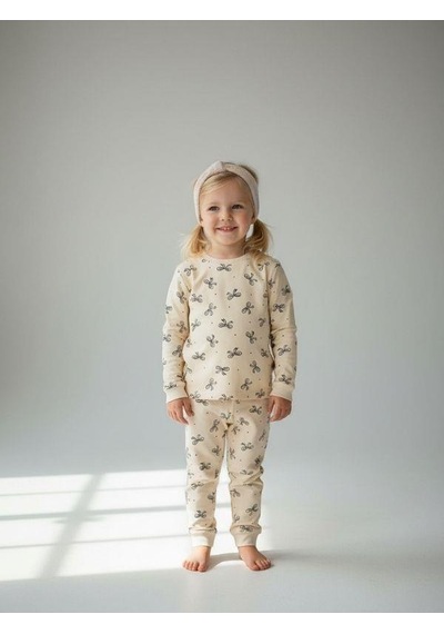 Kız Çocuk Pamuklu Fiyonklu Pijama Takımı-16829 KREM