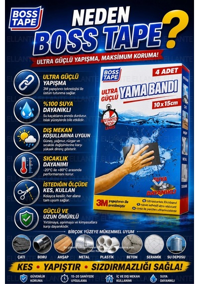 Ultra Güçlü Yama Bandı Çatlak, Delik Ve Su Kaçaklarına Kalıcı Çözüm 4 Adet