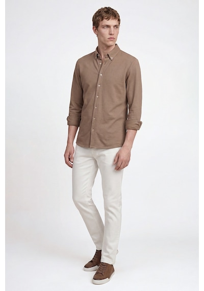AC&Co / Altınyıldız Classics Erkek Vızon Pamuklu Tailored Slim Fit Dar Kesim Düğmeli Yaka Örme Gömlek Vizon