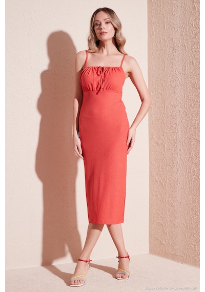 Lela Önü Büzgülü Ip Askılı Yırtmaçlı Fitted Midi Bayan Elbise 5865362 Nar Çiçeği