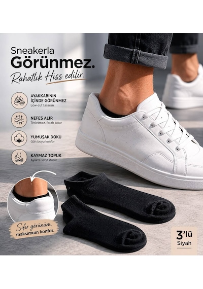 Erkek Üçlü Sneaker Görünmez Çorap Siyah