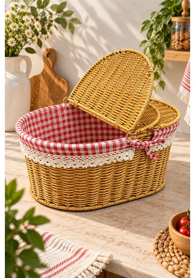 Hasır Rattan Oval Piknik Sepeti Sepet Düzenleyici 18 38 25cm Sarı