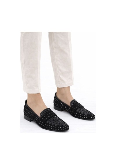 Mery Ceyn Taşlı Küt Kare Loafer Şık Babet Siyah-beyaz