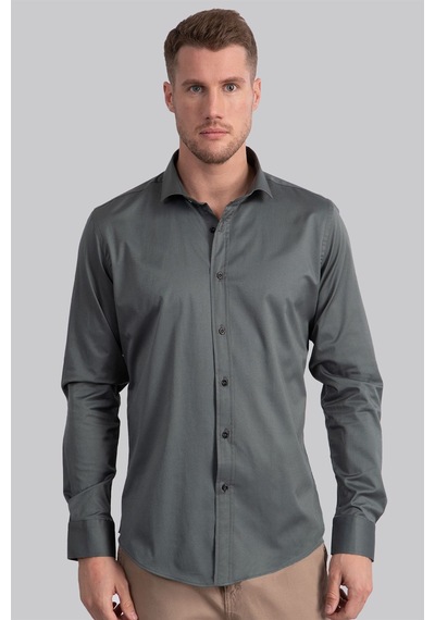Tudors Slim Fit Dar Kesim Likralı Düz Saten Erkek Gömlek-19935 Yeşil