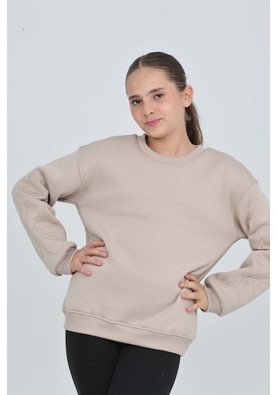 Toontoy Kız Çocuk Relax Fit Bisiklet Yaka Düşük Omuz Sweatshirt Bej