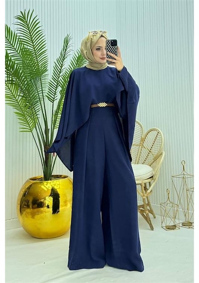 Neşeli Butik Kadın Pelerinli Kemer Detaylı Tesettür Tulum Nms061 Saks